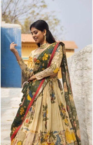 New Collection Cream Dolla Tussar Silk Hand Painted Kalamkari Lehenga Set Designer Lehenga Choli