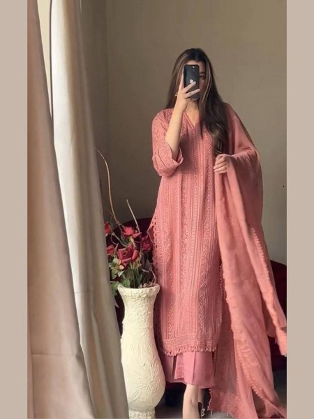 New Collection Embroidered Chikankari 3 Piece Chinon Kurta Sets for Eid Festive Wear Surat Exporter    Clothing Wholesaler Best Price