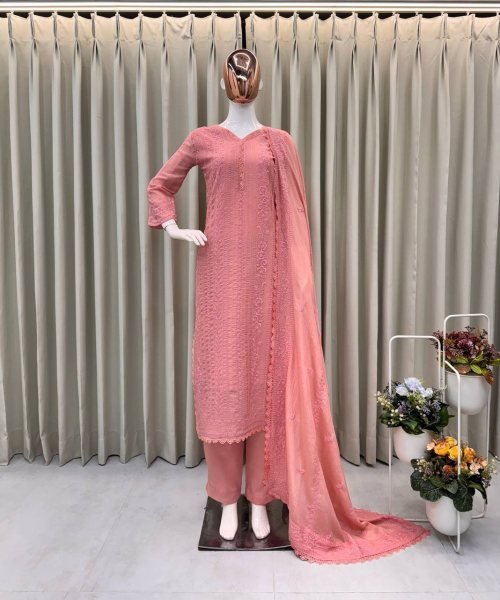 New Collection Embroidered Chikankari 3 Piece Chinon Kurta Sets for Eid Festive Wear Surat Exporter    Clothing Wholesaler Best Price Lucknowi Chikankari Kurtis Wholesale
