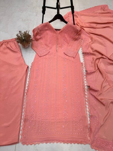 New Collection Embroidered Chikankari 3 Piece Chinon Kurta Sets for Eid Festive Wear Surat Exporter    Clothing Wholesaler Best Price Lucknowi Chikankari Kurtis Wholesale