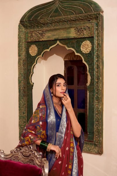 New Collection Magical Maroon Color Poly Cotton Kalamkari Print Saree Printed Cotton Sarees Wholesale