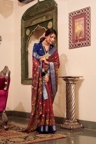 New Collection Magical Maroon Color Poly Cotton Kalamkari Print Saree Printed Cotton Sarees Wholesale