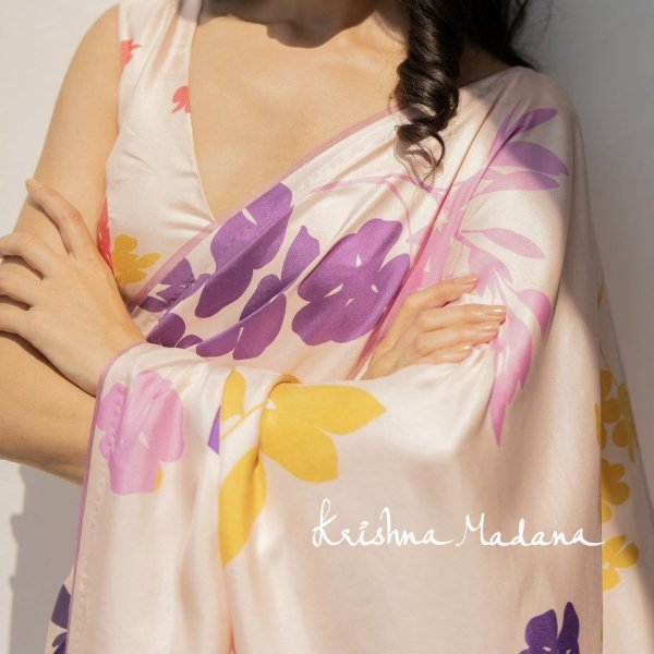 New Collection Splendorous Cream Pink Satin Silk Saree with Digital Print Best Online Price by Royal Export Silk Sarees Wholesale