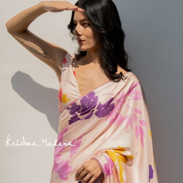 New Collection Splendorous Cream Pink Satin Silk Saree with Digital Print Best Online Price by Royal Export Silk Sarees Wholesale