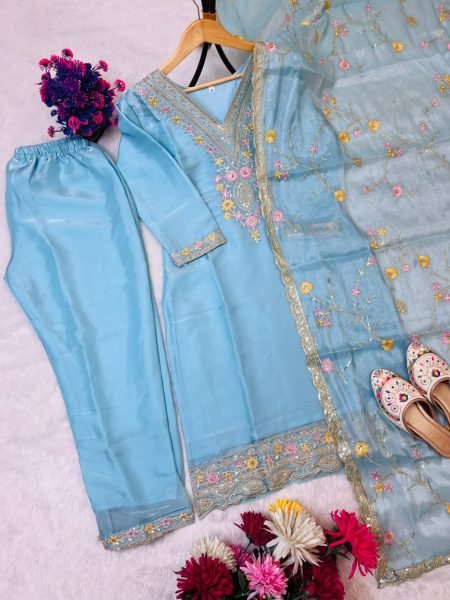 Jimmy Choo Silk 3-Piece Suit Set with Heavy Embroidery & Sequence Work Ready-to-Wear Collection at Best Wholesale Price Ready To Wear Collection