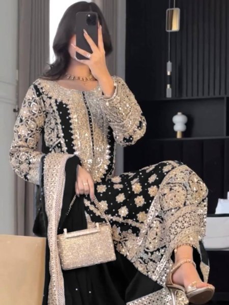 New Color - Black Georgette Readymade Pakistani Suit at Wholesale Rate