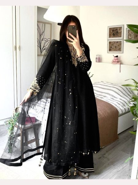 New Design Black Color Embroidery Work Plazzo Suits  Ready To Wear Collection