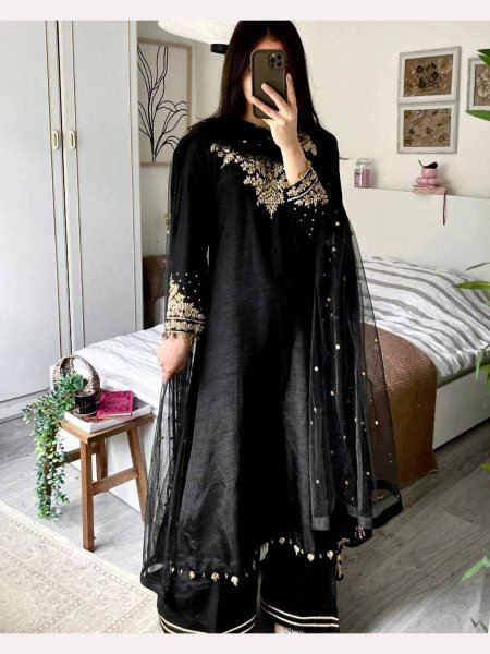 New Design Black Color Embroidery Work Plazzo Suits  Ready To Wear Collection