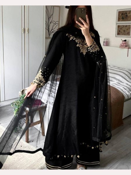 New Design Black Color Embroidery Work Plazzo Suits  Ready To Wear Collection