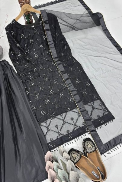 New Designer Black Eid Special Embroidery Party Wear Plazzo Suit Ready To Wear Collection