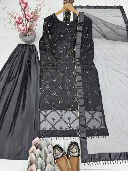 New Designer Black Eid Special Embroidery Party Wear Plazzo Suit Ready To Wear Collection