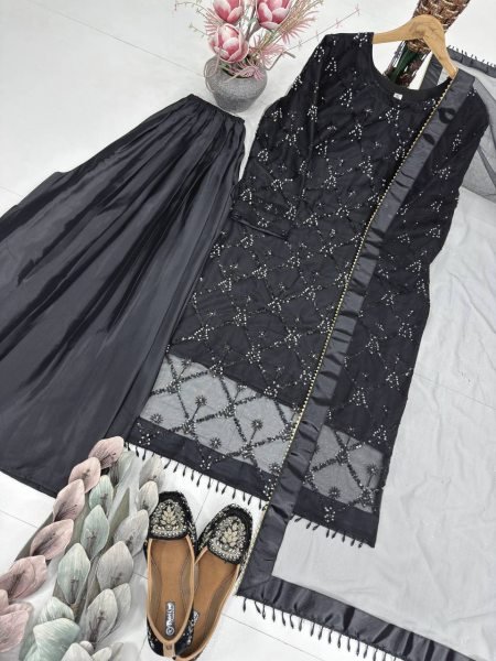 New Designer Black Eid Special Embroidery Party Wear Plazzo Suit Ready To Wear Collection