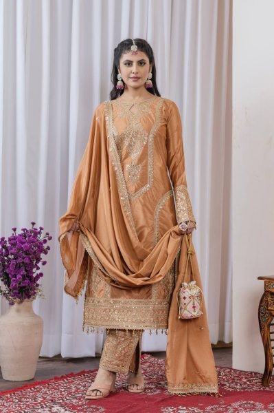 New Designer Collection In Pure Chinnon Silk With Heavy Embroidery Work Stitched Suit Ready To Wear Collection