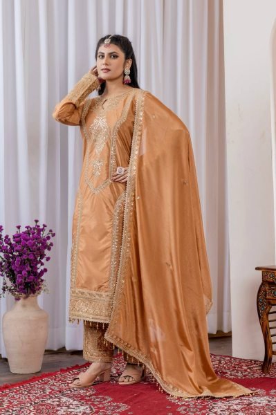New Designer Collection In Pure Chinnon Silk With Heavy Embroidery Work Stitched Suit Ready To Wear Collection