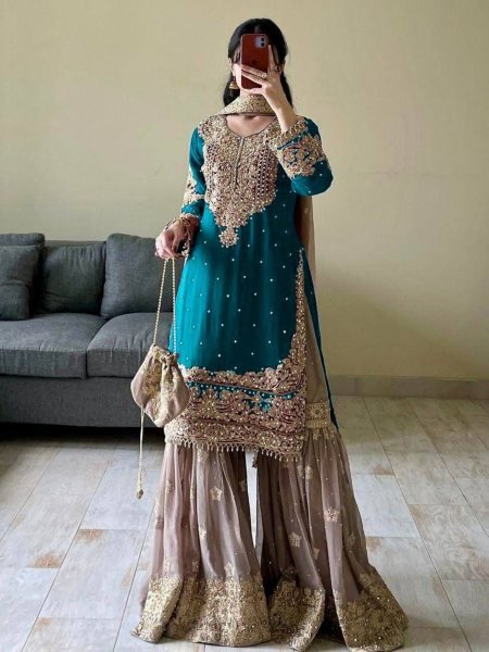 New Designer Faux Georgette Suit with Sharara & Dupatta - Stunning Sequins, Pearl & Lace Detailing Ready To Wear Collection