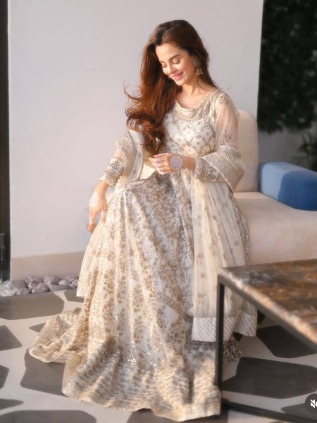 New Designer Gerogette  White Color Anarkali Gown With Dupatta  
