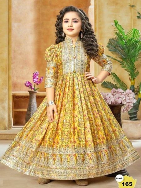 New Designer Heavy Chinon Silk With Embroidered Siqunce work Digital Print Girls Gown  Girls Wear