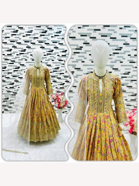 New Designer Heavy Chinon Silk With Embroidered Siqunce work Digital Print Girls Gown  Girls Wear
