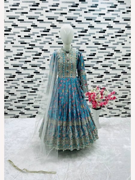 New Designer Heavy Chinon Silk With Embroidered Siqunce work Digital Print Girls Gown  Girls Wear