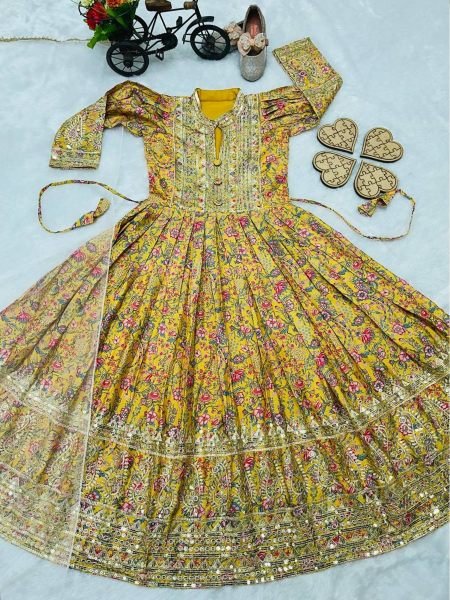New Designer Heavy Chinon Silk With Embroidered Siqunce work Digital Print Girls Gown  Girls Wear