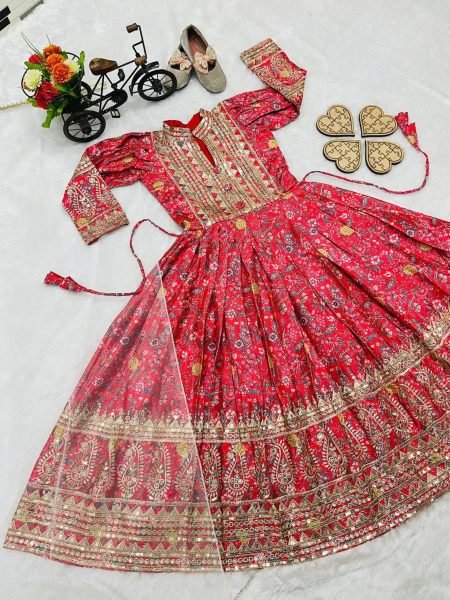 New Designer Heavy Chinon Silk With Embroidered Siqunce work Digital Print Girls Gown  Girls Wear