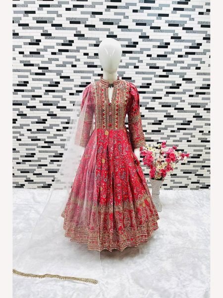 New Designer Heavy Chinon Silk With Embroidered Siqunce work Digital Print Girls Gown  Girls Wear