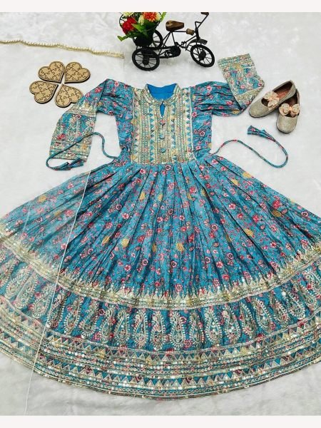 New Designer Heavy Chinon Silk With Embroidered Siqunce work Digital Print Girls Gown  Girls Wear