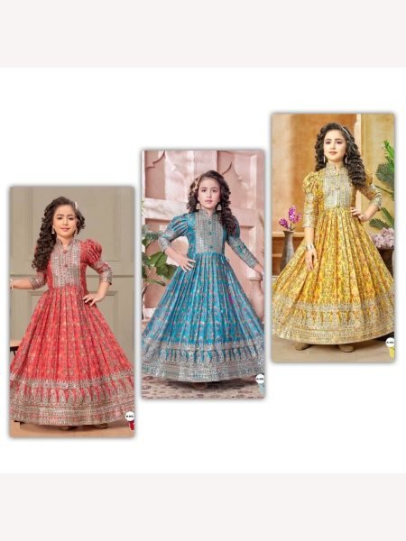 New Designer Heavy Chinon Silk With Embroidered Siqunce work Digital Print Girls Gown  Girls Wear