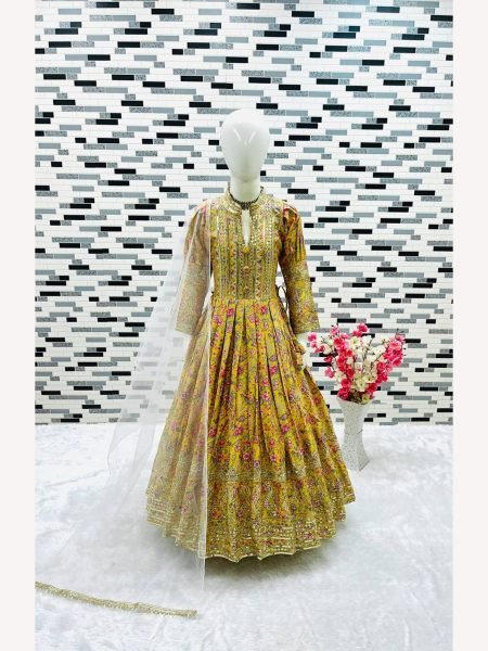New Designer Heavy Chinon Silk With Embroidered Siqunce work Digital Print Girls Gown  Girls Wear