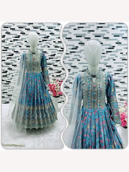 New Designer Heavy Chinon Silk With Embroidered Siqunce work Digital Print Girls Gown  Girls Wear