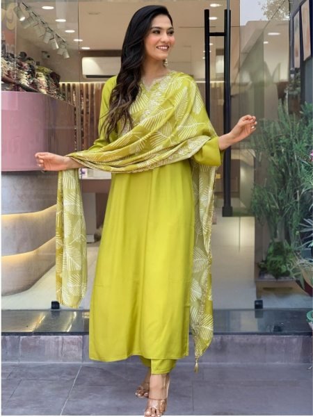 New Designer Lemon Yellow Kurta, Pant & Dupatta Set for Women  Straight Cut Long Kurtis