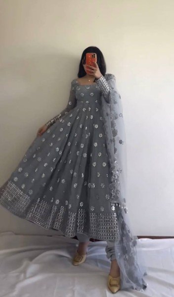 New Designer Party Wear Grey Colour Gown With Embroidery Work   Ready To Wear Collection