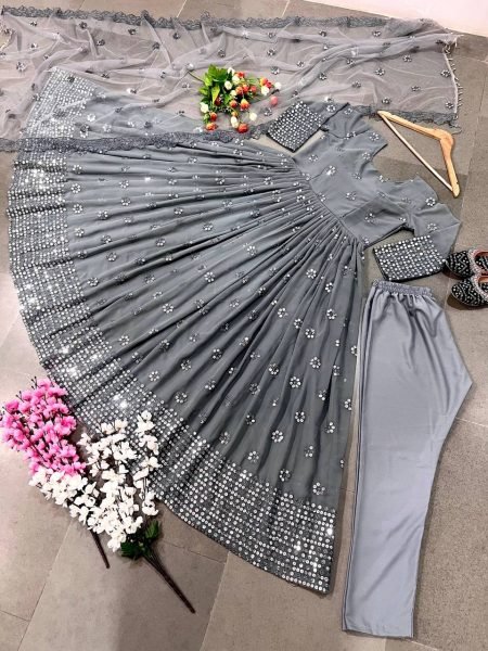 New Designer Party Wear Grey Colour Gown With Embroidery Work   Ready To Wear Collection