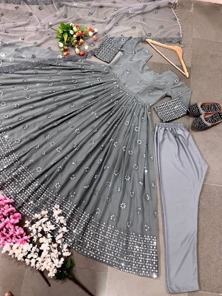 New Designer Party Wear Grey Colour Gown With Embroidery Work   Ready To Wear Collection
