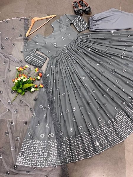 New Designer Party Wear Grey Colour Gown With Embroidery Work   Ready To Wear Collection
