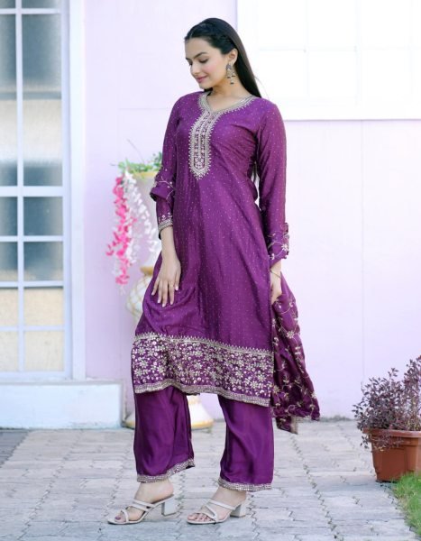 New Designer Party Wear Pure Chinnon Silk Stitched Suit 3-Piece Ready-to-Wear Collection Elegant & Stylish 3 Piece Kurti Set