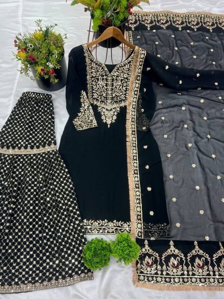New Designer Party Wear Look Top Plazzo And Dupatta With Heavy Embroidery Work Ready To Wear Collection
