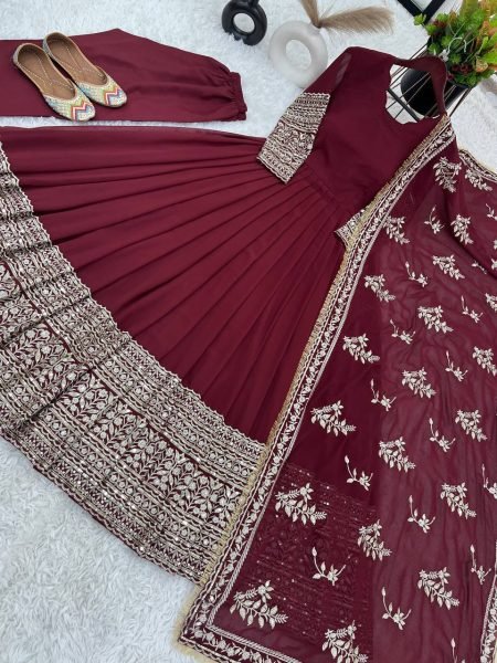 New Designer Party Wear Maroon Faux Georgette Gown with Full Heavy Embroidery Sequence Ready to Wear Anarkali Kurtis 