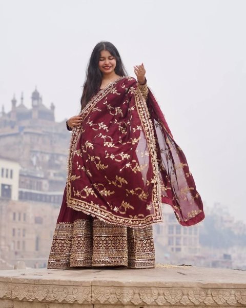 New Designer Party Wear Maroon Faux Georgette Gown with Full Heavy Embroidery Sequence Ready to Wear Anarkali Kurtis 