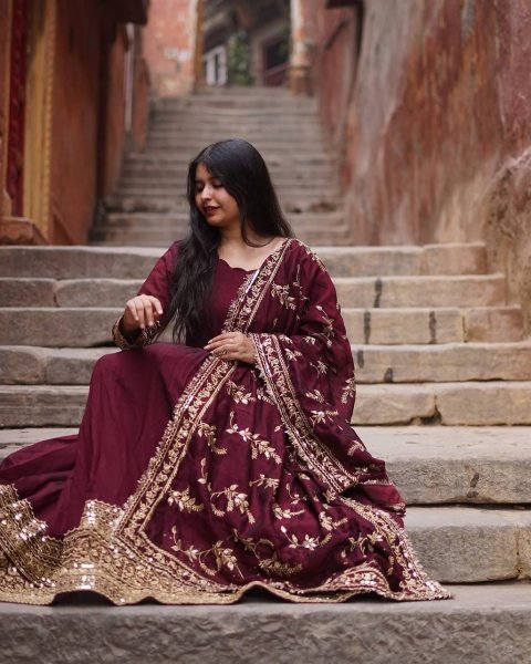 New Designer Party Wear Maroon Faux Georgette Gown with Full Heavy Embroidery Sequence Ready to Wear Anarkali Kurtis 