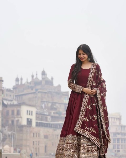 New Designer Party Wear Maroon Faux Georgette Gown with Full Heavy Embroidery Sequence Ready to Wear Anarkali Kurtis 