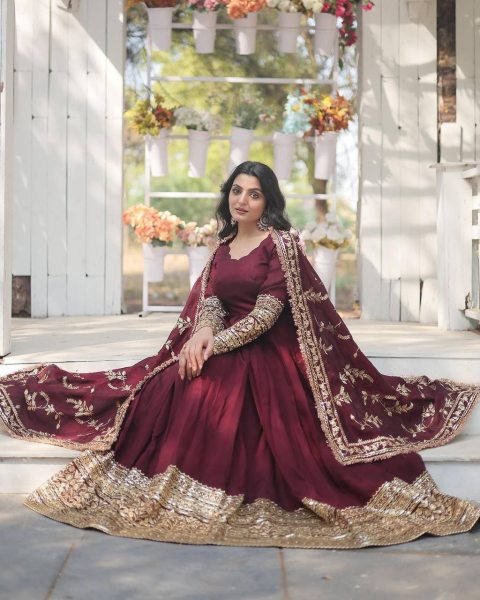 New Designer Party Wear Maroon Faux Georgette Gown with Full Heavy Embroidery Sequence Ready to Wear Anarkali Kurtis 