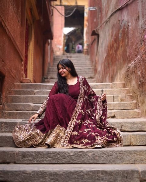 New Designer Party Wear Maroon Faux Georgette Gown with Full Heavy Embroidery Sequence Ready to Wear Anarkali Kurtis 