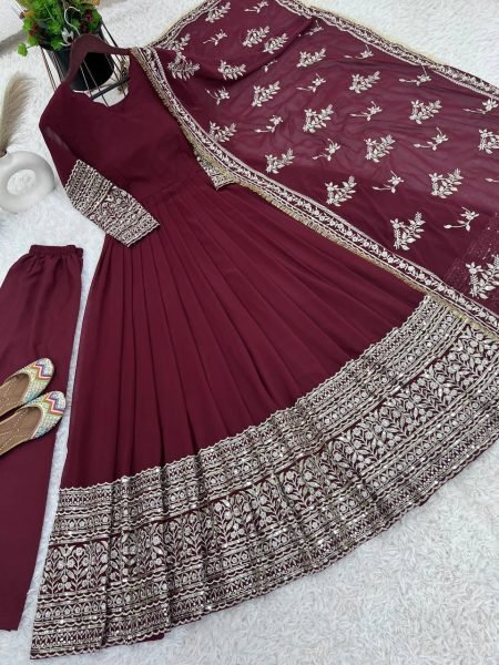 New Designer Party Wear Maroon Faux Georgette Gown with Full Heavy Embroidery Sequence Ready to Wear Anarkali Kurtis 