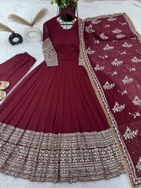 New Designer Party Wear Maroon Faux Georgette Gown with Full Heavy Embroidery Sequence Ready to Wear Anarkali Kurtis 
