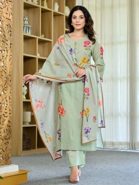 New Designer Pista Chanderi Kurti Set with Muslin Dupatta For Casual Festive Wear Kurtis