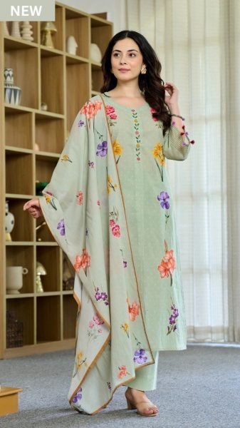 New Designer Pista Chanderi Kurti Set with Muslin Dupatta For Casual Festive Wear Printed Kurtis