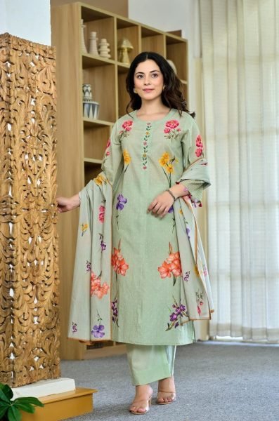 New Designer Pista Chanderi Kurti Set with Muslin Dupatta For Casual Festive Wear Printed Kurtis