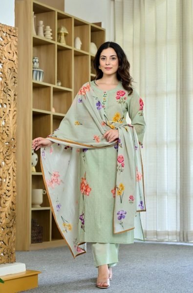New Designer Pista Chanderi Kurti Set with Muslin Dupatta For Casual Festive Wear Printed Kurtis
