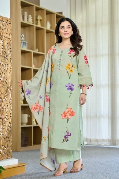 New Designer Pista Chanderi Kurti Set with Muslin Dupatta For Casual Festive Wear Printed Kurtis